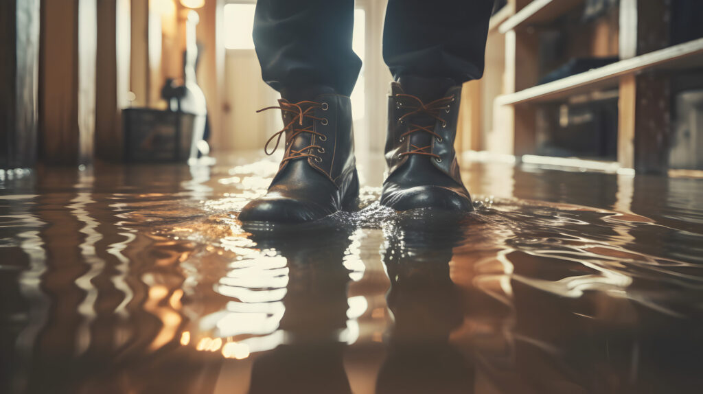 Close-up of a person's boots wading through water on the floor of a flooded indoor space, with shelves and furniture visible in the background.