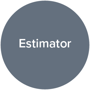 A gray circular icon with the word "Estimator" written in white in the center.